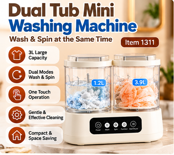 Dual Tub Mini Washing Machine – 1.2L Wash + 3.9L Spin Tub