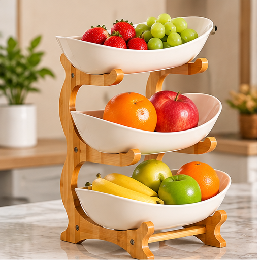 3 Tier Fruit Bowl with Bamboo Wood Stand – Fruit & Snack Serving Stand