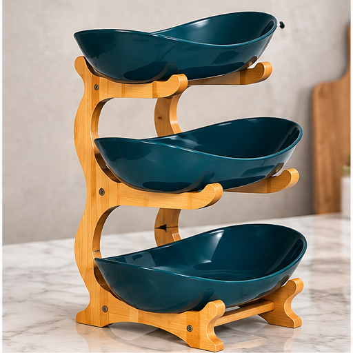 3 Tier Fruit Bowl with Bamboo Wood Stand – Fruit & Snack Serving Stand
