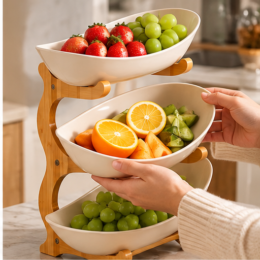 3 Tier Fruit Bowl with Bamboo Wood Stand – Fruit & Snack Serving Stand