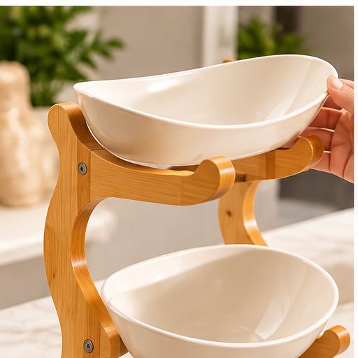 3 Tier Fruit Bowl with Bamboo Wood Stand – Fruit & Snack Serving Stand
