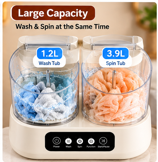 Dual Tub Mini Washing Machine – 1.2L Wash + 3.9L Spin Tub
