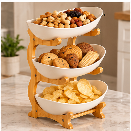 3 Tier Fruit Bowl with Bamboo Wood Stand – Fruit & Snack Serving Stand