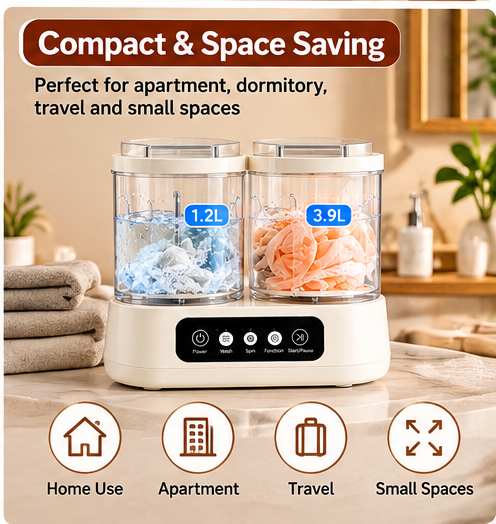 Dual Tub Mini Washing Machine – 1.2L Wash + 3.9L Spin Tub
