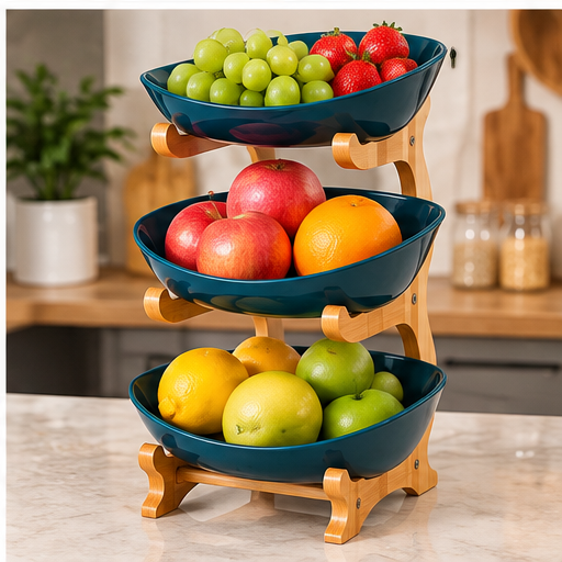 3 Tier Fruit Bowl with Bamboo Wood Stand – Fruit & Snack Serving Stand