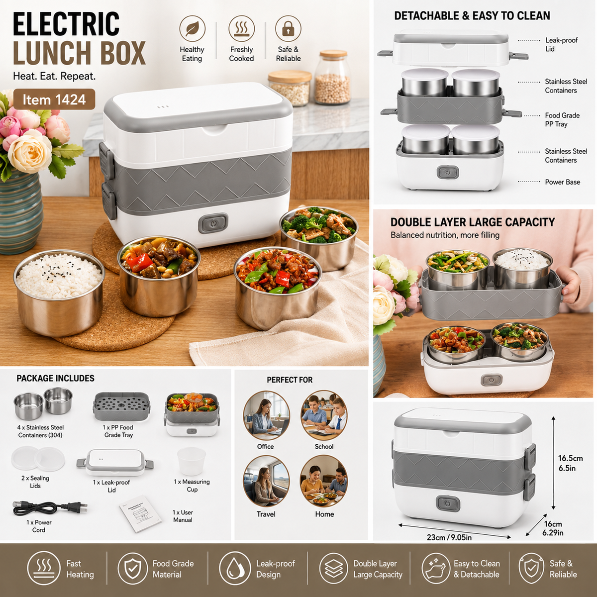 Electric Lunch Box, 110V 4-in-2 Portable Self Cooking Containers Lunch Box (2L) for Office & Travel, Collapsible & Easy to Handle