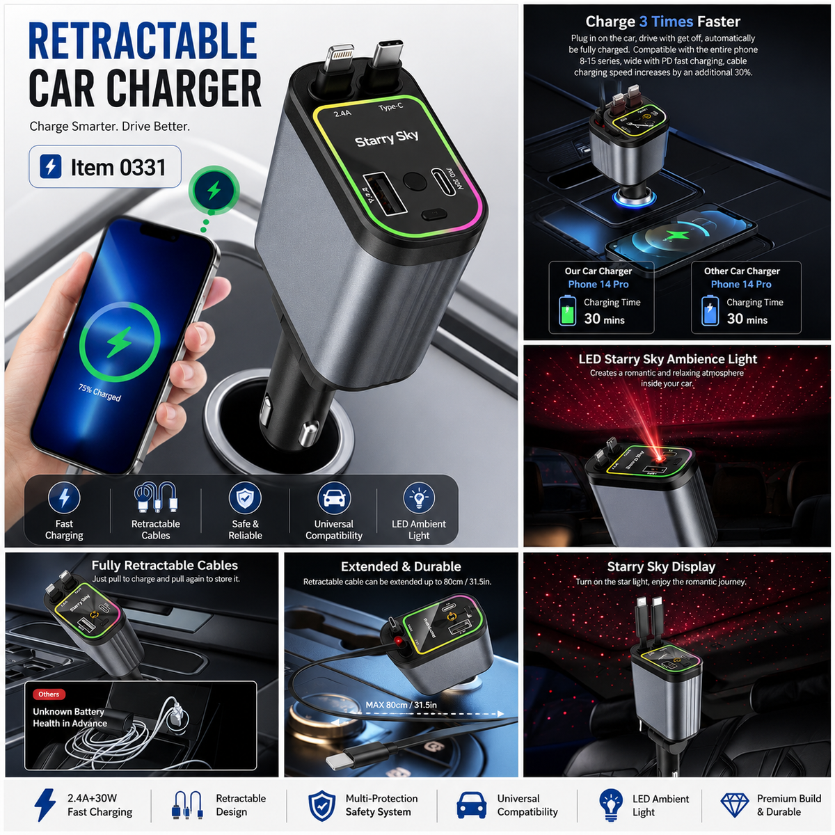 66W Retractable Car Charger with Starry Sky Ambient Light - Dual Port Fast Charging QC3.0, Compatible with iPhone/S23/S22, 31.5 Inch Cable, USB-C/USB-A