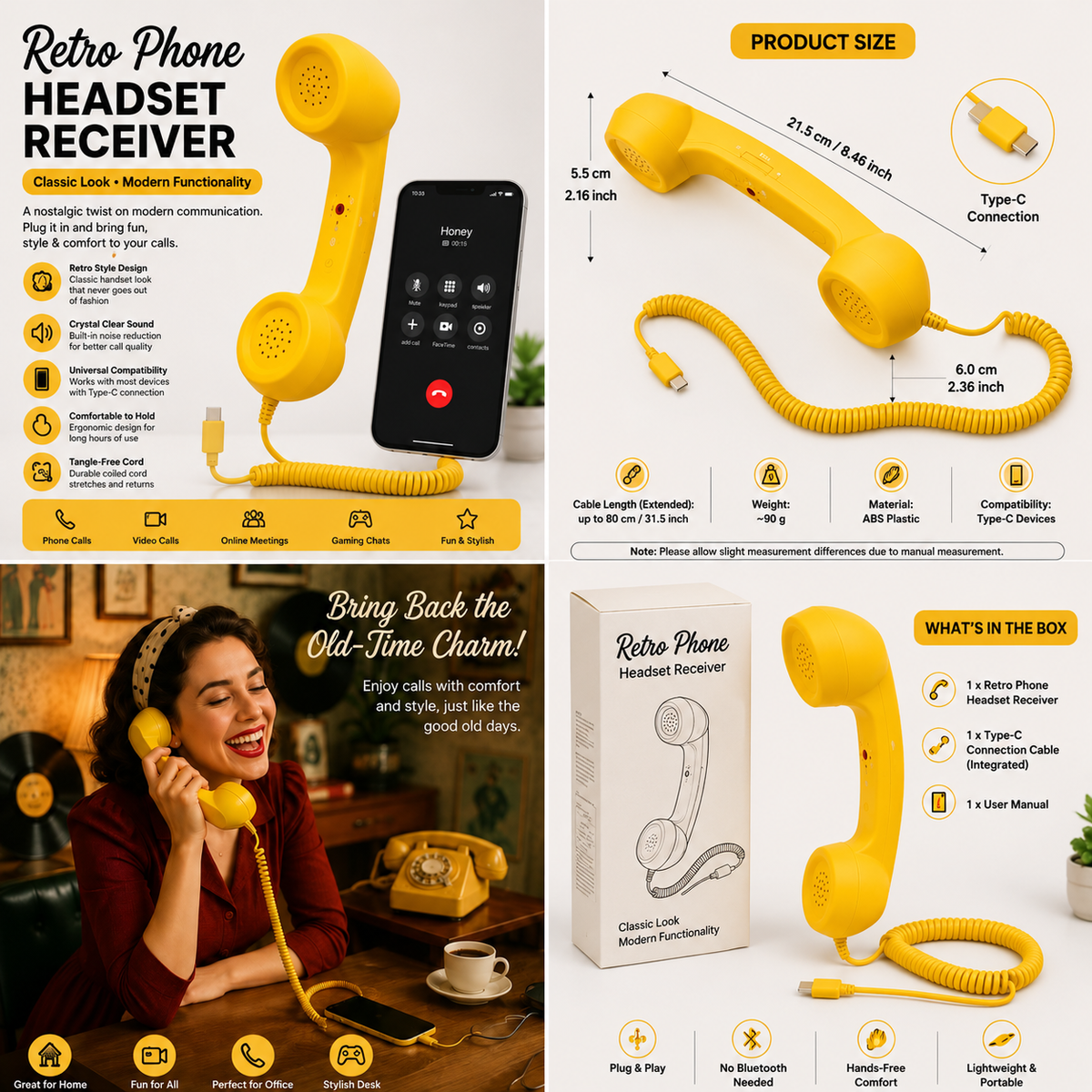 Retro Phone Handset Compatible with Type-C Smartphones, Tablets & Computers - Corded Telephone Receiver with Volume Control & Answer Button for Calls and Meetings